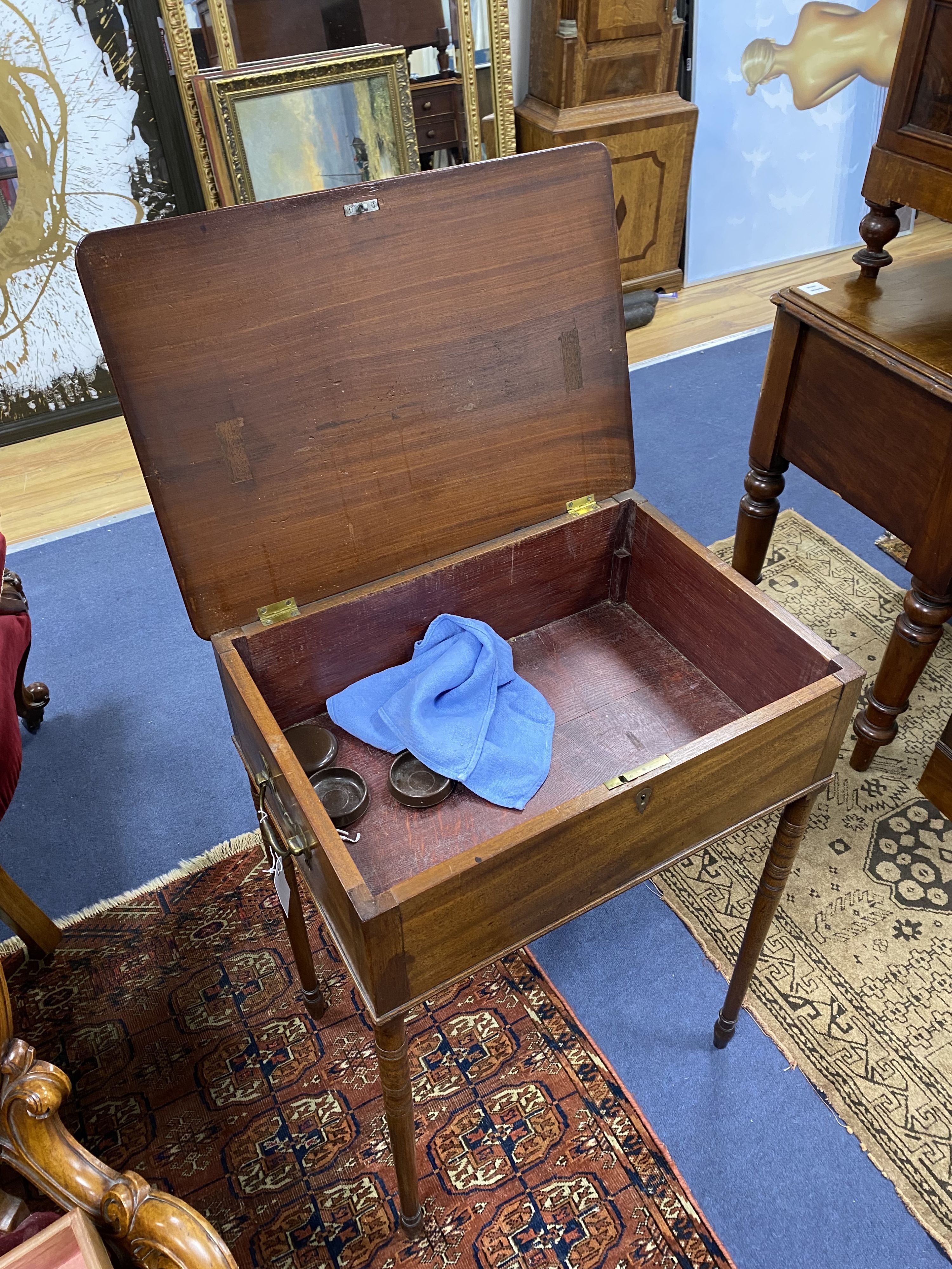 A Regency banded mahogany hinged top work table, width 52cm, depth 37cm, height 74cm